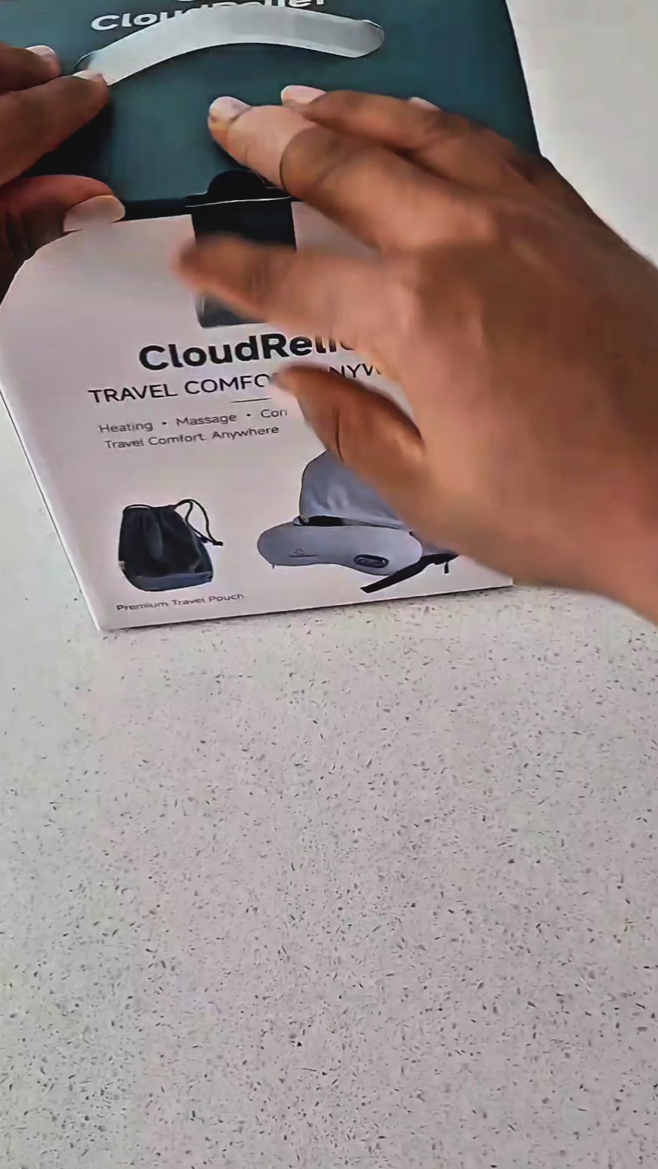 CloudRelief™ Heated Massage Travel Pillow setup video showing unboxing, USB charging, inflation, heated massage, deflation, and compact storage pouch.
